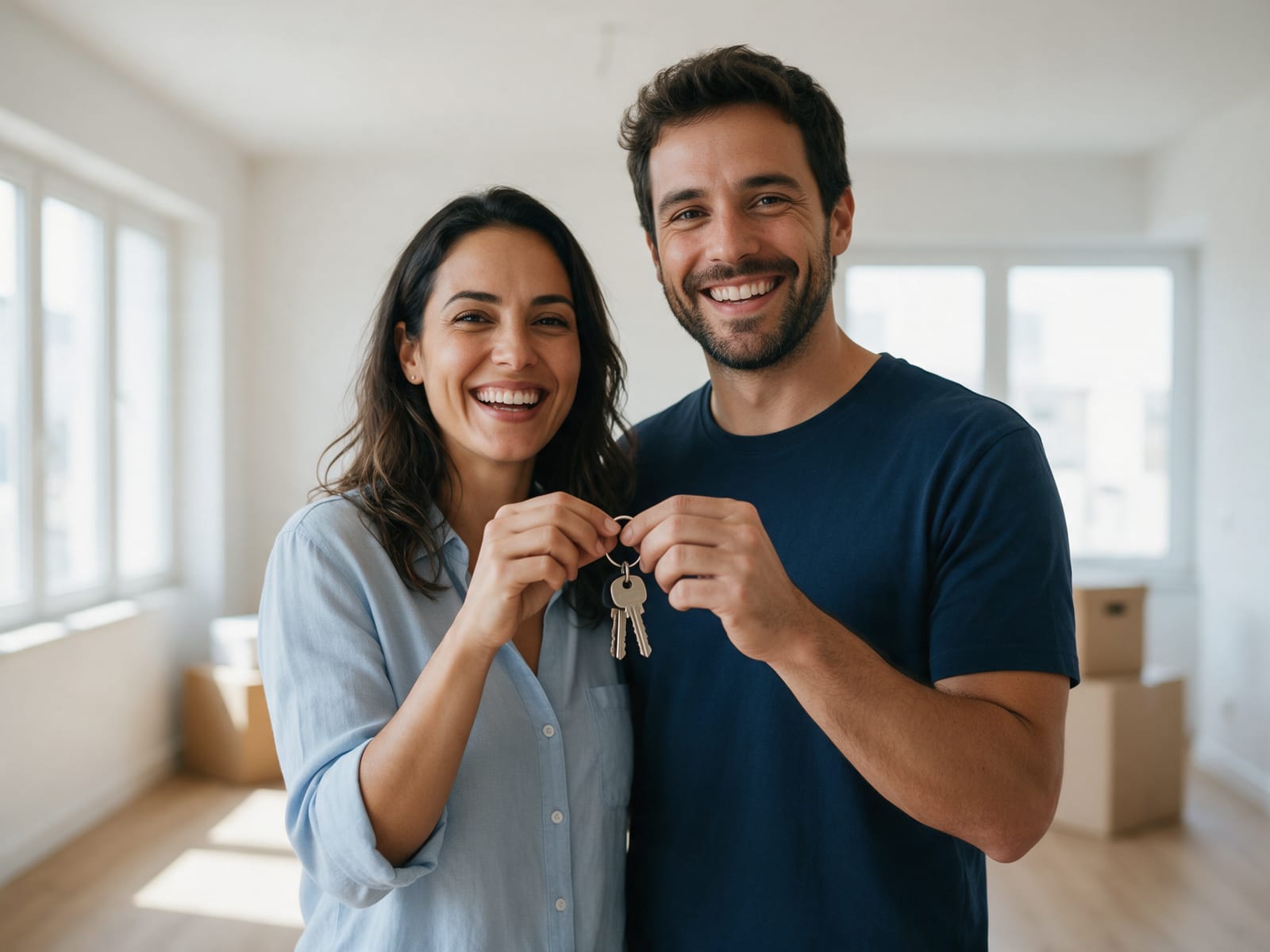 Casal comemorando com as chaves do novo apartamento