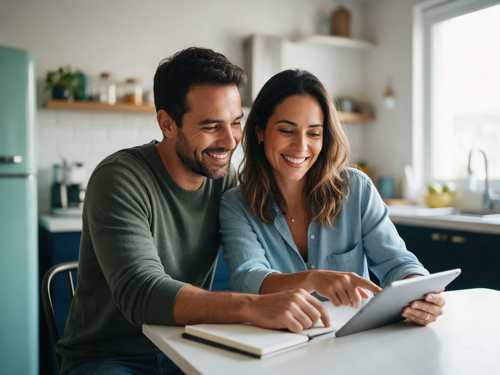 Casal planejando uma compra na mesa da cozinha com um tablet