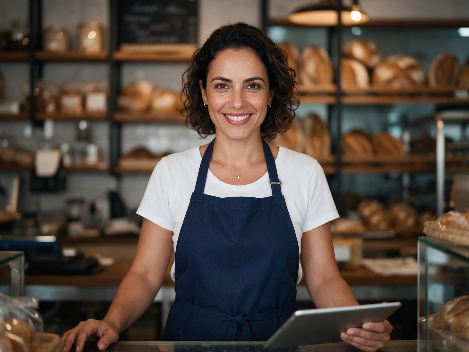 Empreendedora sorrindo no balcão da sua padaria com um tablet