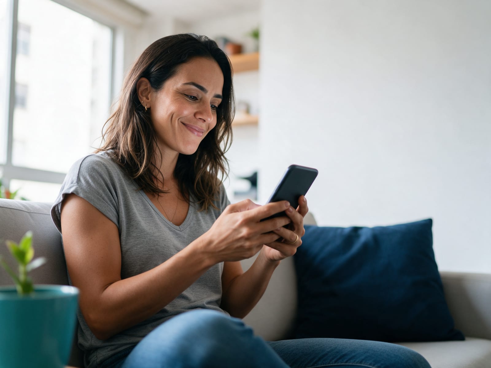 Mulher sorrindo enquanto consulta o celular no sofá de casa