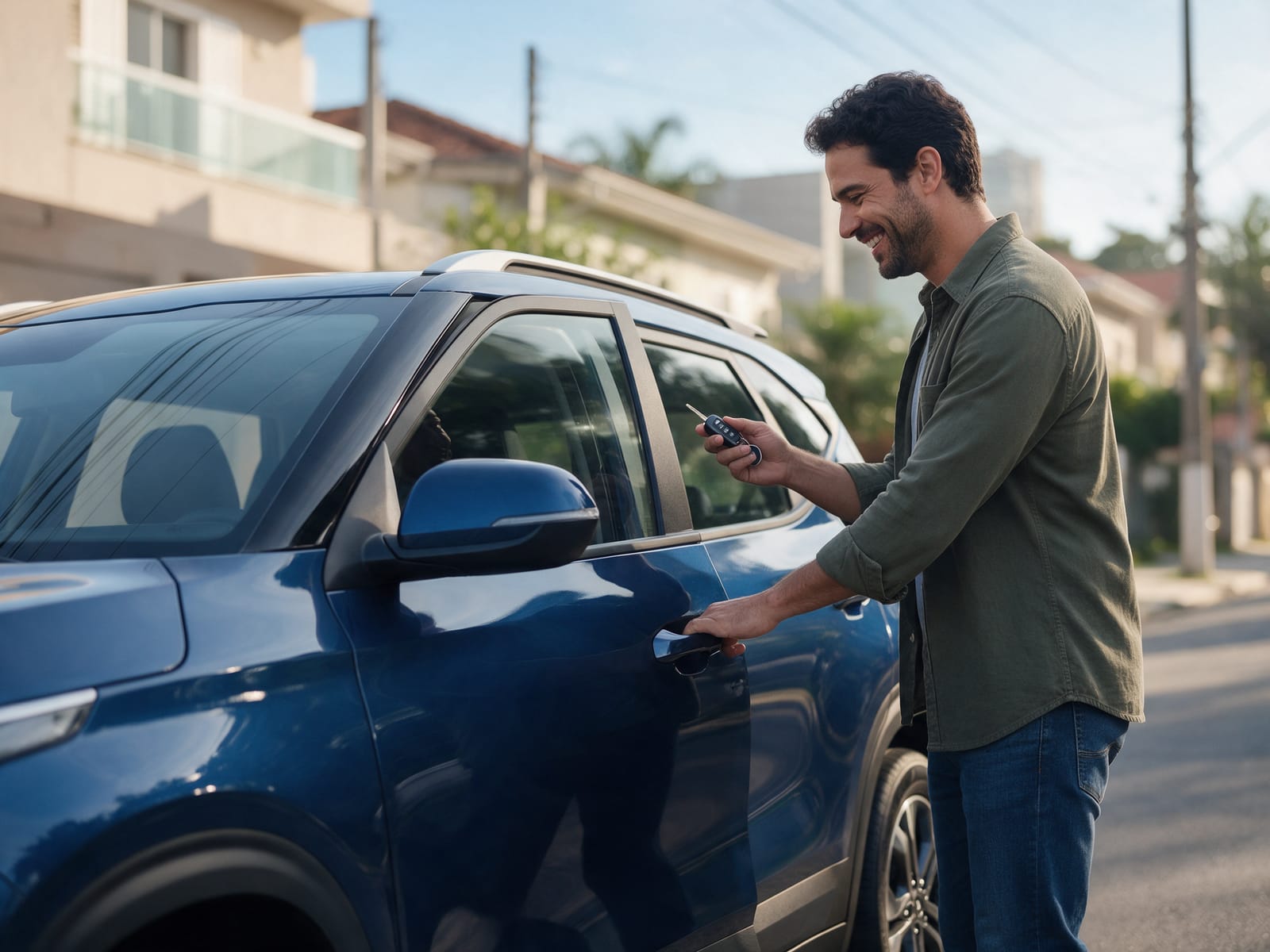 Homem abrindo a porta do seu carro novo na rua de casa